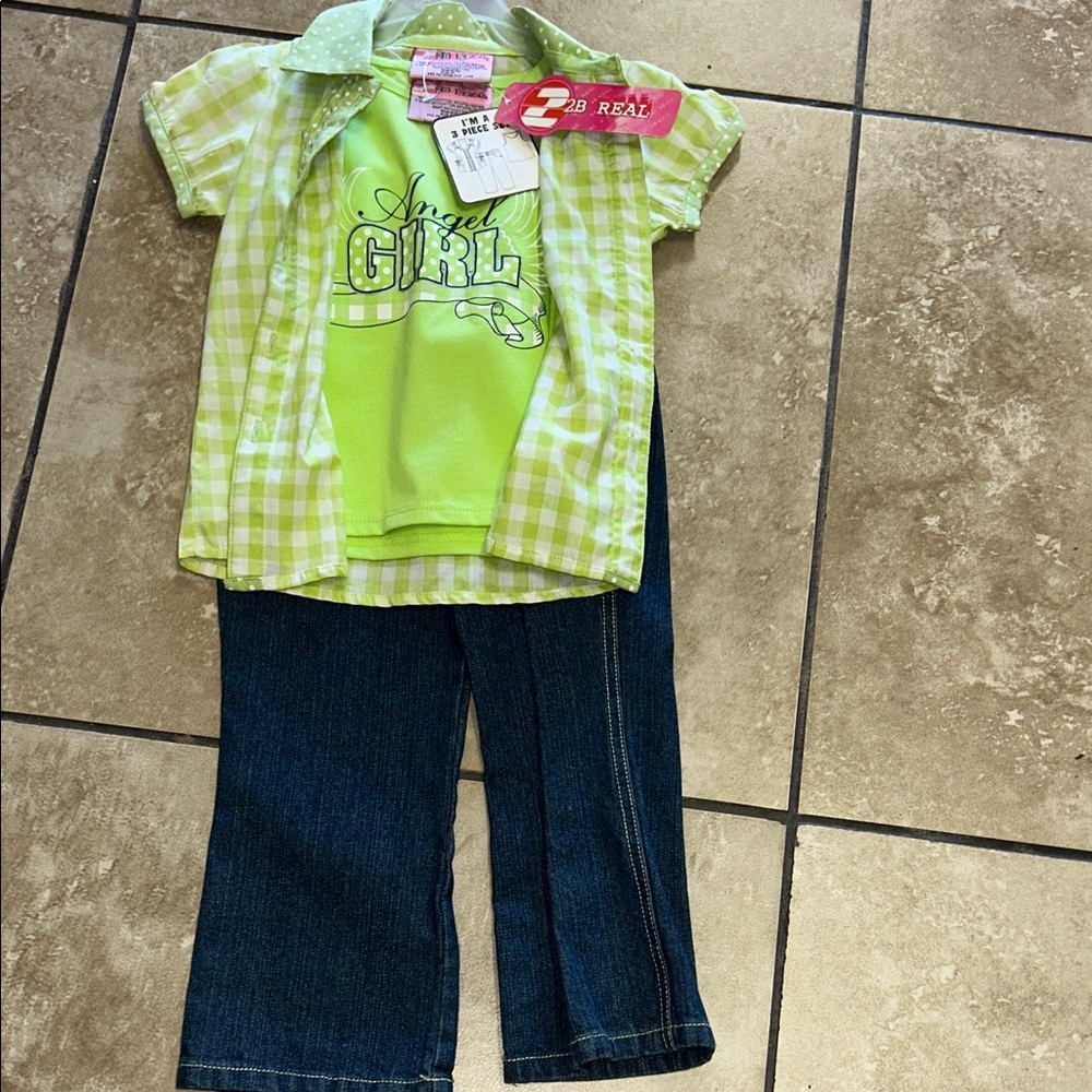 Girls 3 piece set Lime Gingham Short Sleeve Blouse with Ruffle Placket